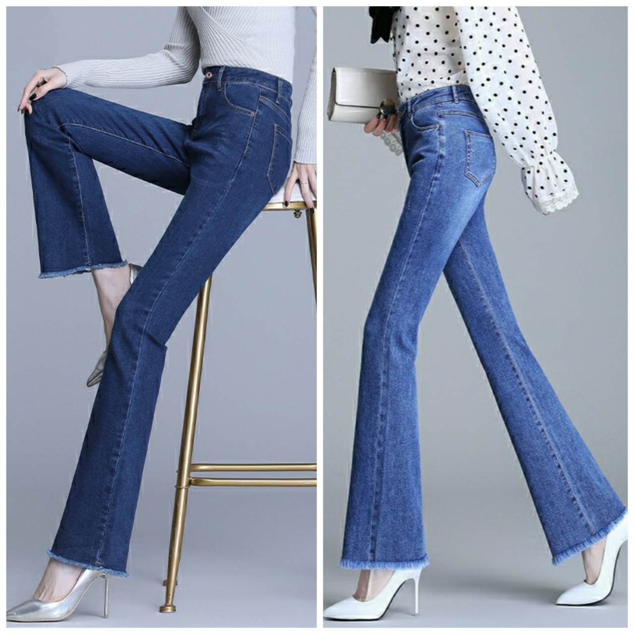 Quần jeans Nữ Quần Bò Nữ Cotton 100% Co Giãn 4 Chiều Ống Bass Lai Tua Lưng  Cao Xuất Khẩu Cao Cấp 