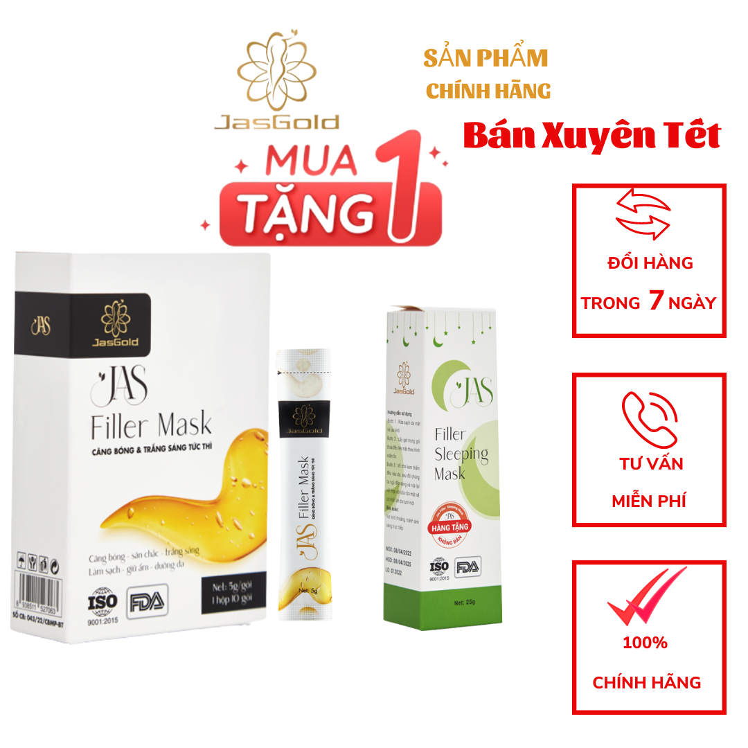 Mặt Nạ JAS FILLER MASK JASGOLD, Chống Lão Hóa Giảm Mụn Cấp Ẩm Dưỡng Da, 1 Hộp 10 Gói Tặng 1 Hộp 5 Mặt Nạ Ngủ