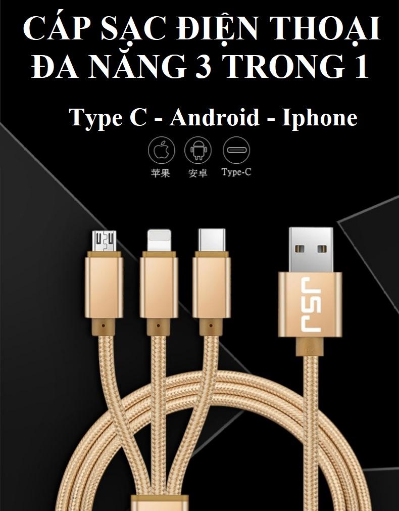 [HCM]Cáp sạc điện thoại đa năng 3 đầu Lightning - MicroUSB - Type-C dài 1.2M