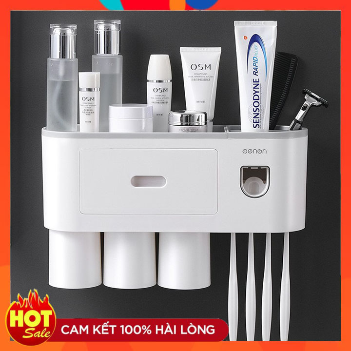 Bộ Gồm Nhả Kem Đánh Răng Tự Động, Giá Treo Bàn Chải Đánh Răng & Kệ Phòng Tắm Dán Tường | Kèm Cốc Nhựa ABS Cao Cấp | ECOCO