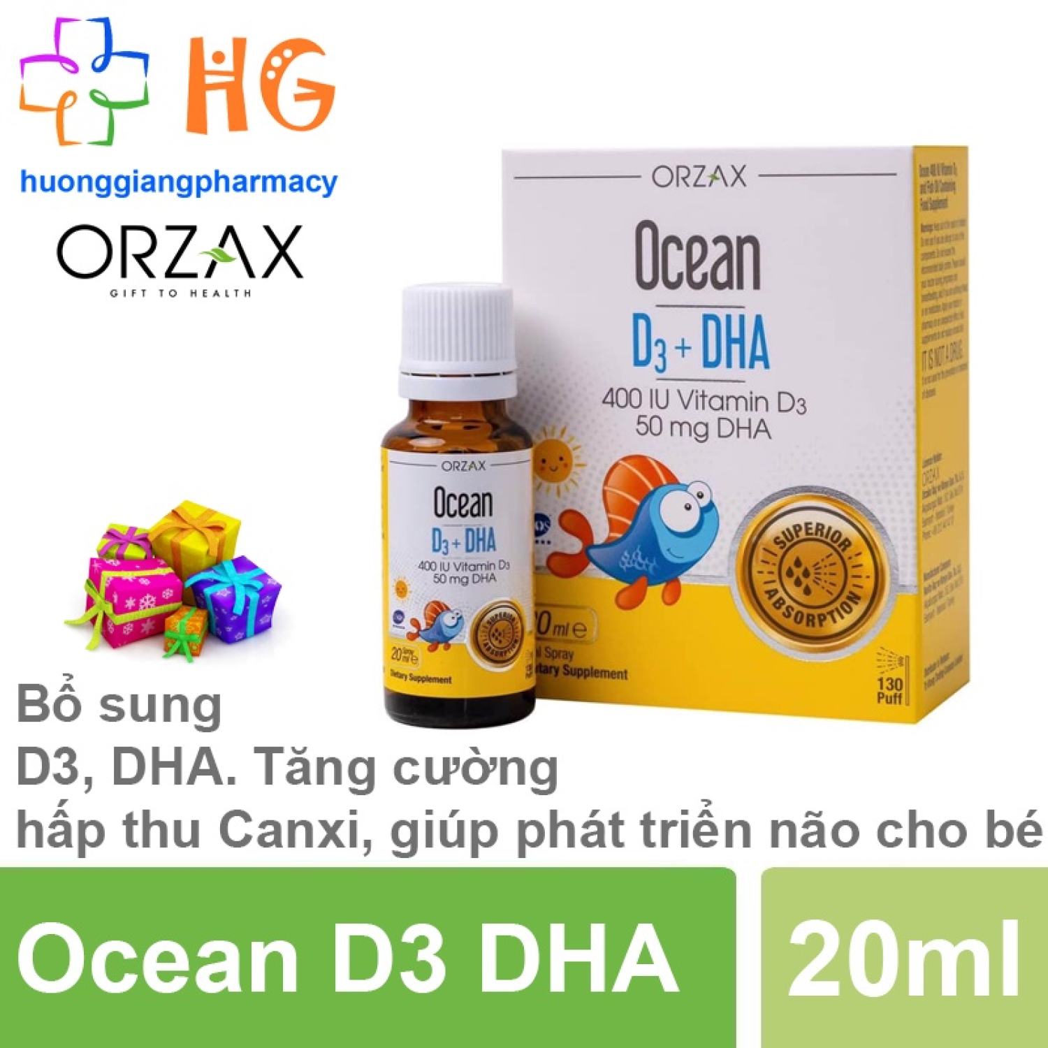 Ocean D3 DHA Vitamin d3 dha cho bé Dầu cá Omega 3 Canxi Tăng chiều cao Phát triển trí não cho trẻ Xịt Nhỏ giọt Lọ 20ml