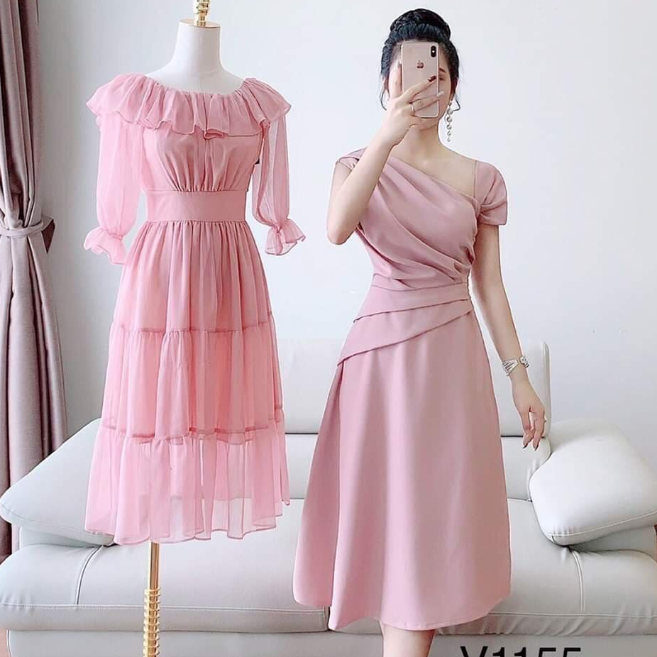 [Mẫu Mới] Đầm Xếp Ly Lệch Vai Phong Cách Quyến Rũ Vải Umi Co Dãn Sợi Tơ Sống Thời Trang HARI