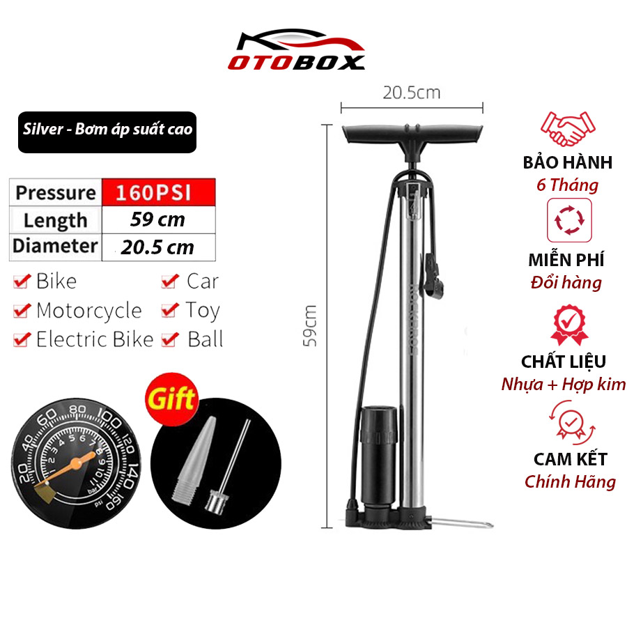 Bơm xe máy bơm hơi lốp ô tô có đồng hồ đo áp suất ROCKBROS 160 psi ống bơm xe đạp mini chính hãng