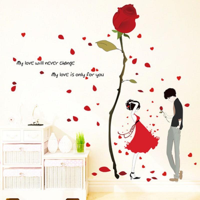 Decal dán tường đôi uyên ương và cây hồng đỏ