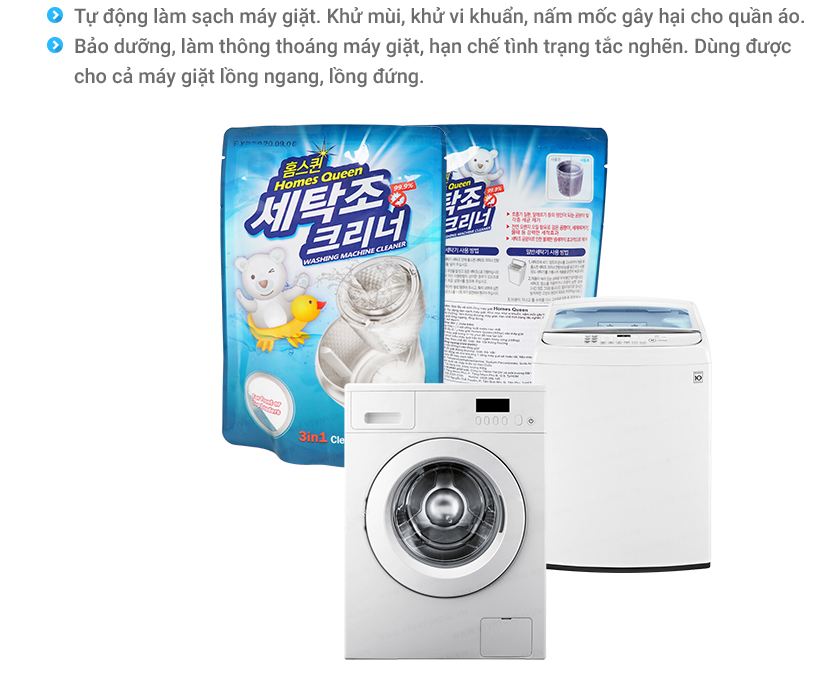 Bộ 2 gói tẩy vệ sinh lồng máy giặt Homes Queen Hàn Quốc 400gr/gói, tẩy mọi vi khuẩn, mùi hôi nấm mốc trong máy giặt