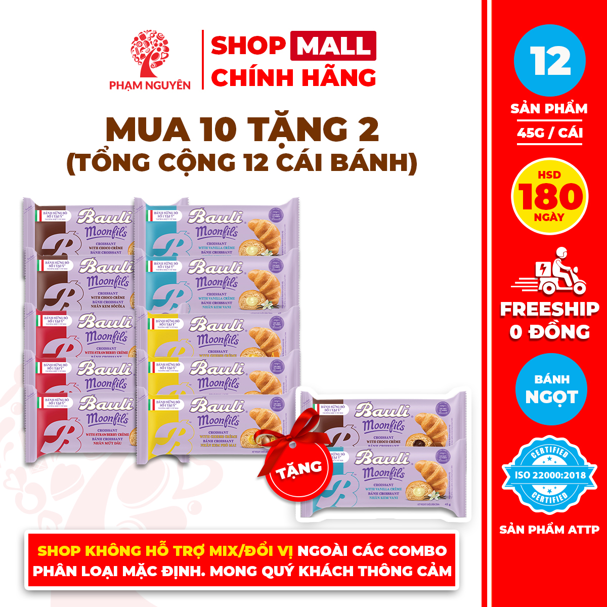 MUA 10 TẶNG 2 | Tổng cộng 12 Bánh Sừng Bò Bauli Moonfils 45g | Bánh ăn sáng | Đồ ăn vặt
