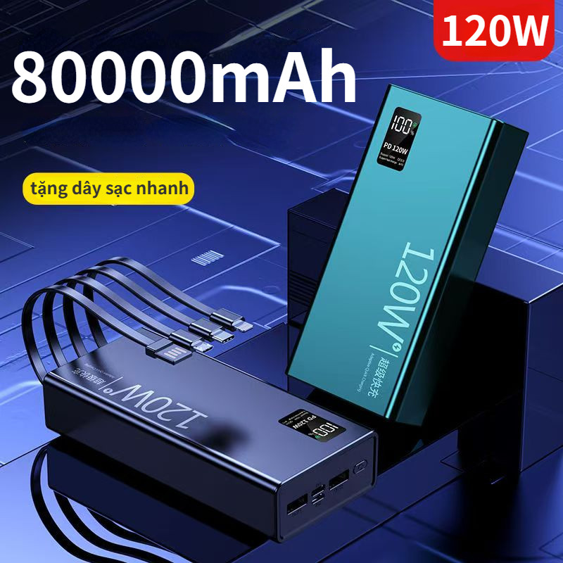 (Free Fast Charging Cable) 50000Mah 80000Mah Power Bank, 120W Fast Charging, Large Capacity Battery with Cable to Plug in Many Phones