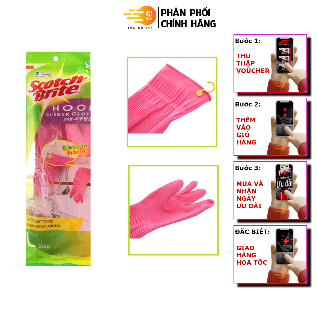 Găng tay đa dụng rửa chén có móc treo Scotch-Brite 3M GT-MOC - Tốc độ 247, làm từ cao su thiên nhiên, có móc treo tiện lợi