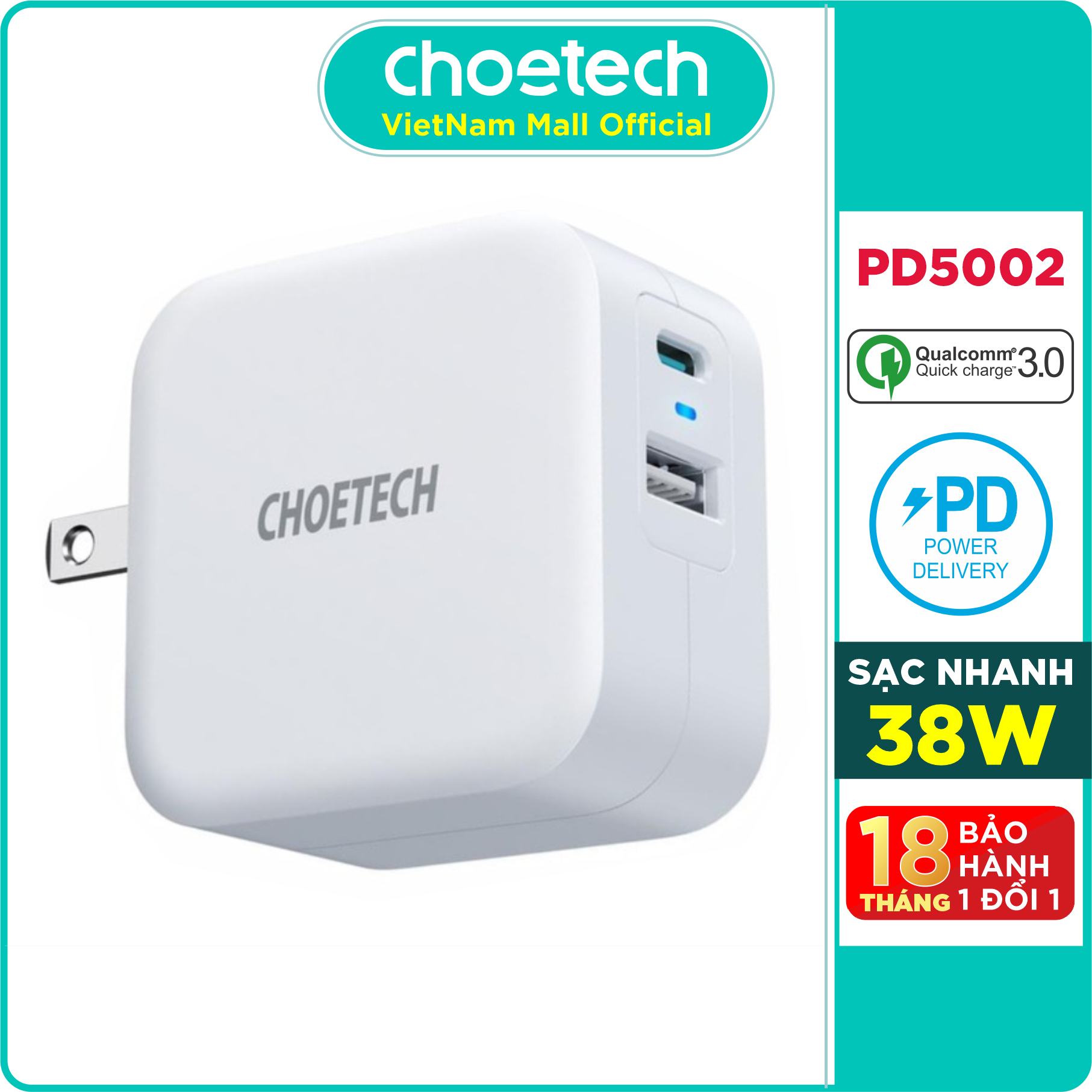 Adapter củ sạc 38w choetech pd5002 usb-a quick charge 3.0, usb type c pd 20w - hàng chính hãng
