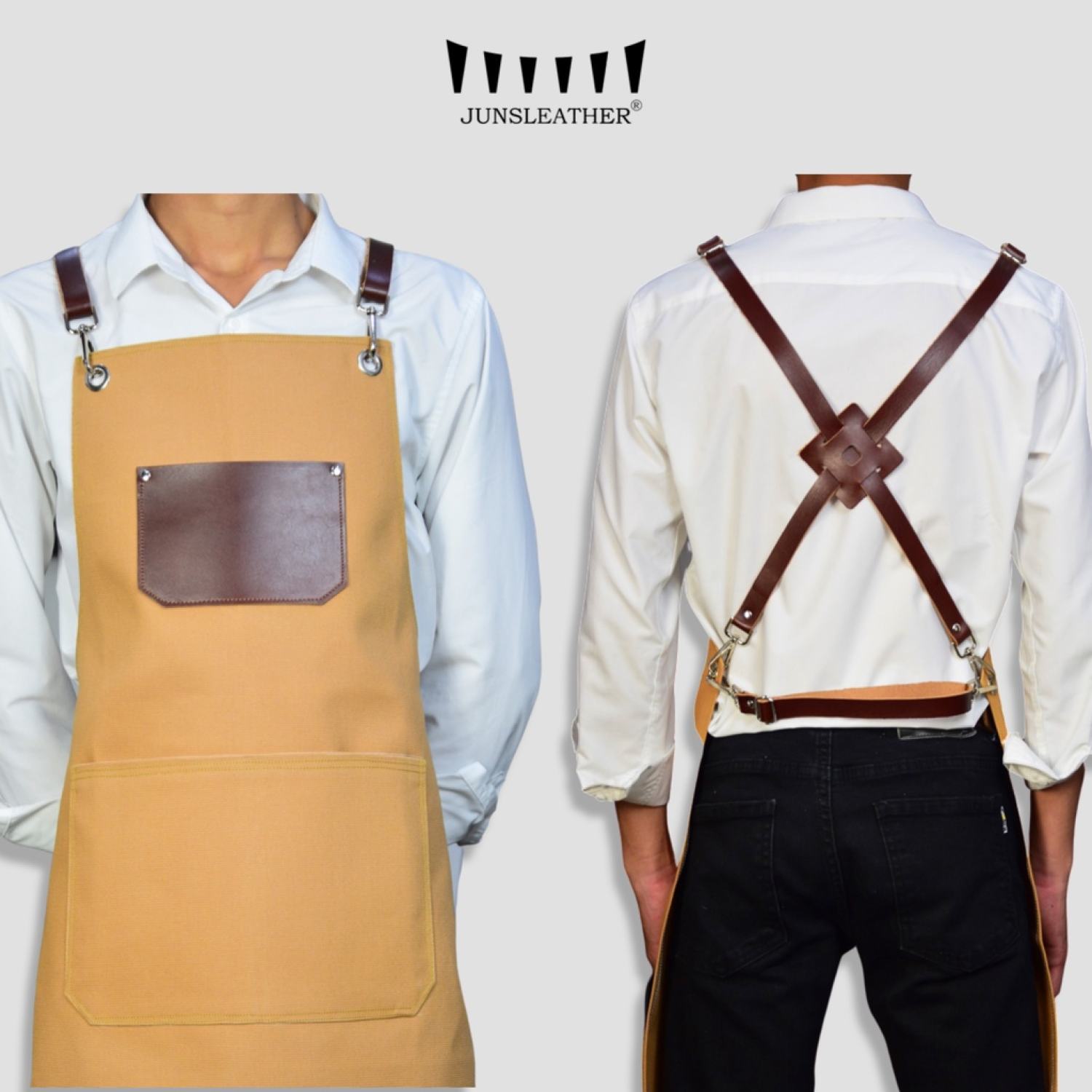 Tạp dề pha chế vải canvas dây da của Junsleather phối da bò cao cấp dành cho Barista/Bartender