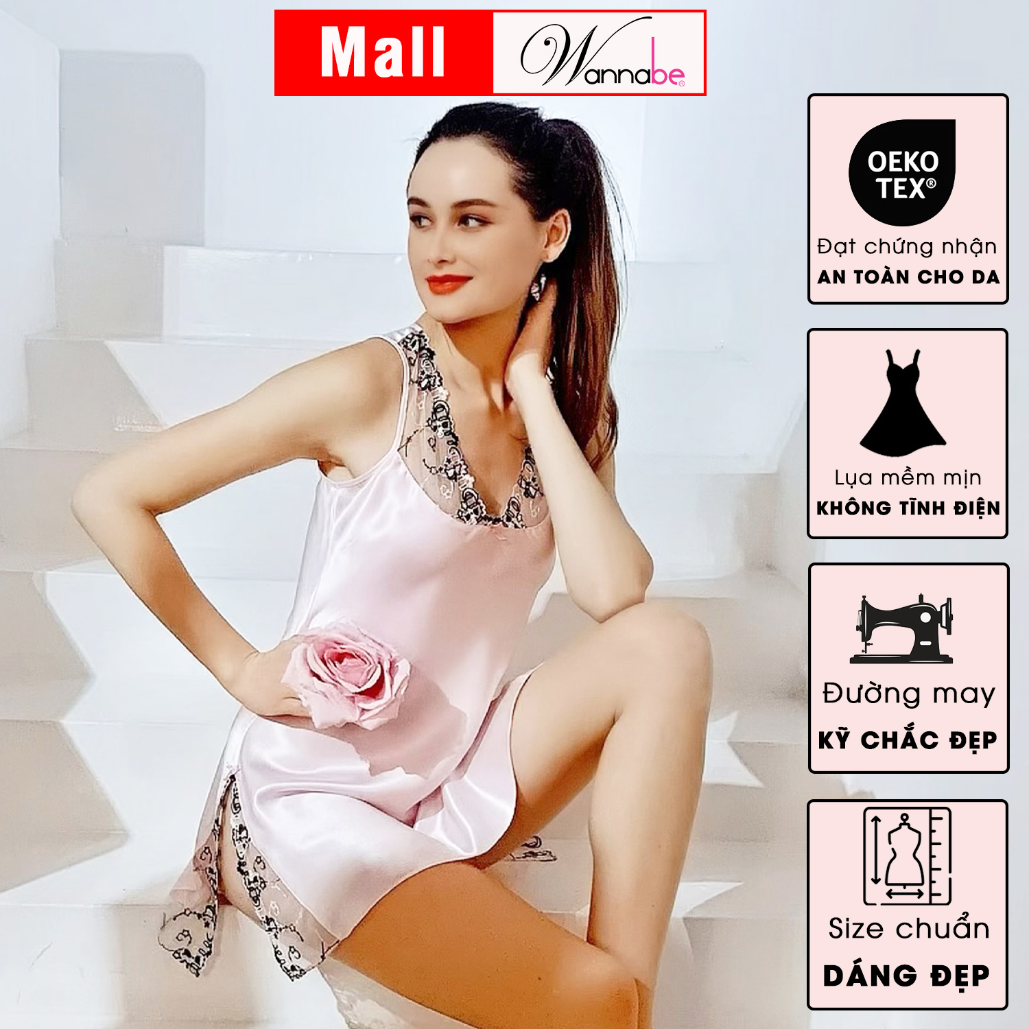 Đầm ngủ phi lụa wannabe DNS04 cổ phối ren hoa mềm mại, nhẹ nhàng