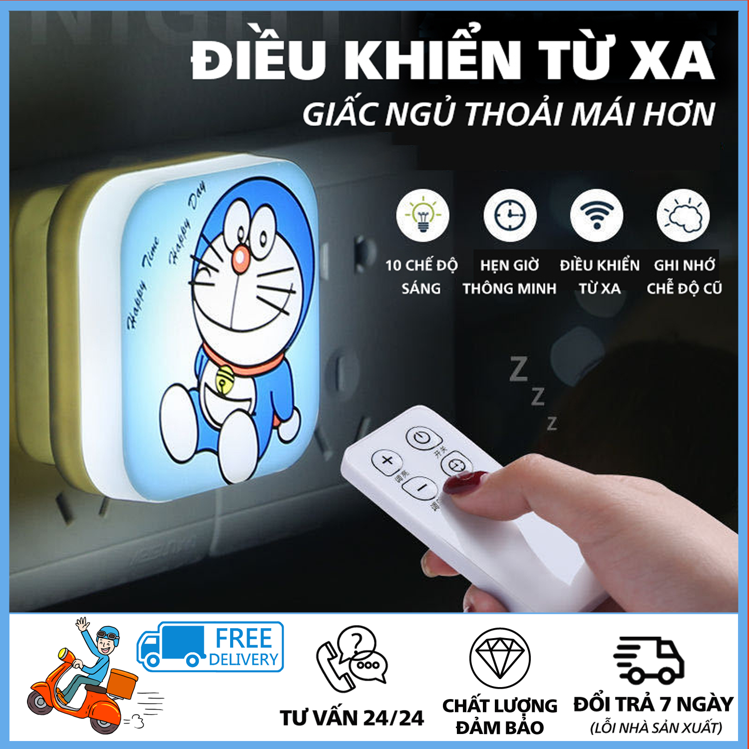 Đèn Ngủ Có Điều Khiển Từ Xa -  Đèn Ngủ Dễ Thương In Hình Doraemon, Chất Lượng Tốt, Sử Dụng Làm Đèn Ngủ Trang Trí Cho Phòng Ngủ, Bền Đẹp, Dễ Dàng Sử Dụng