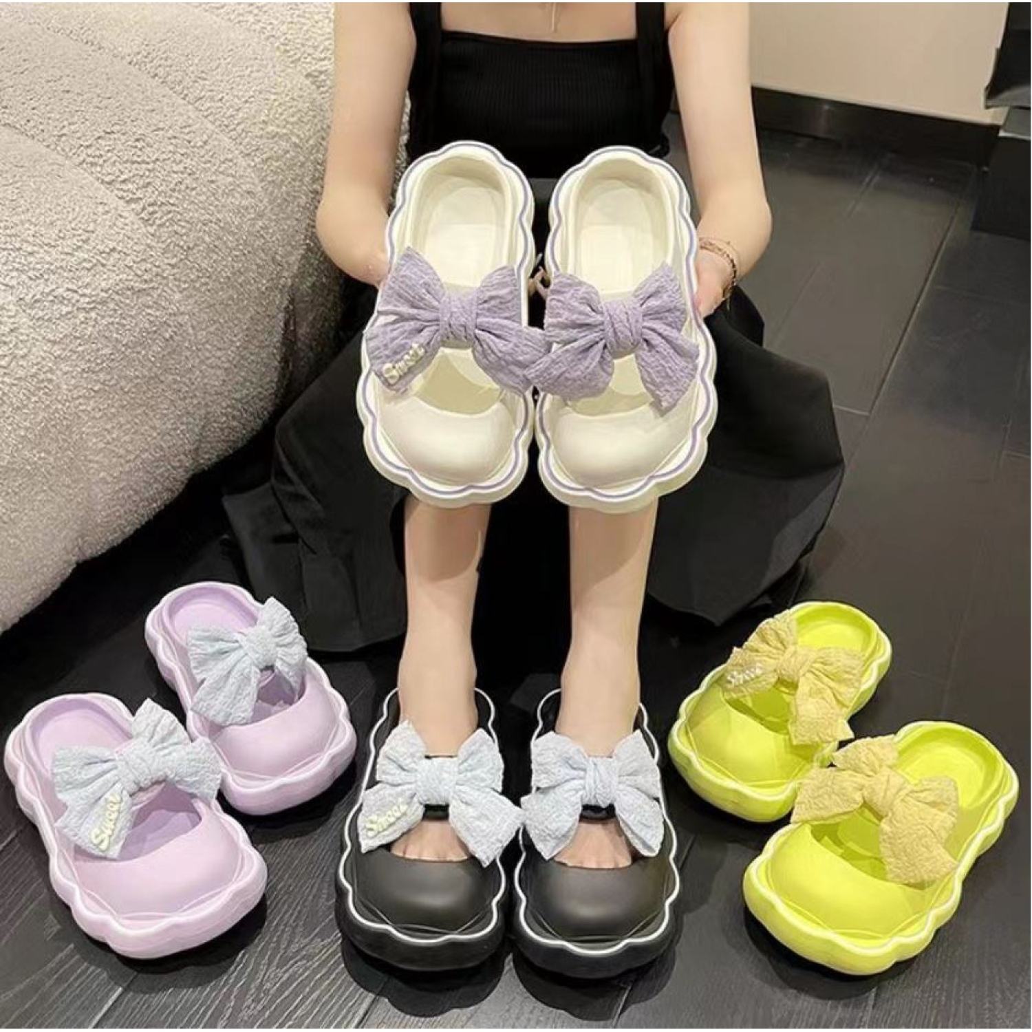 Dép sục nữ đính nơ tiểu thư 3 màu đế phối kẻ viền