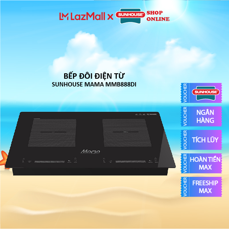 Bếp đôi điện từ Sunhouse Mama MMB888DI - bếp điện từ đôi Sunhouse Inverter tiết kiệm điện - Bếp điện từ đôi Sunhouse nhập khẩu nguyên chiếc Thái Lan, Công suất 4000W, Bảng điều khiển cảm ứng thông minh, Bảo hành 36 tháng