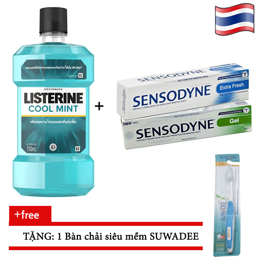 1 nước súc miệng Listerine 750ml và 2 kem đánh răng Sensodyne. Thái Lan