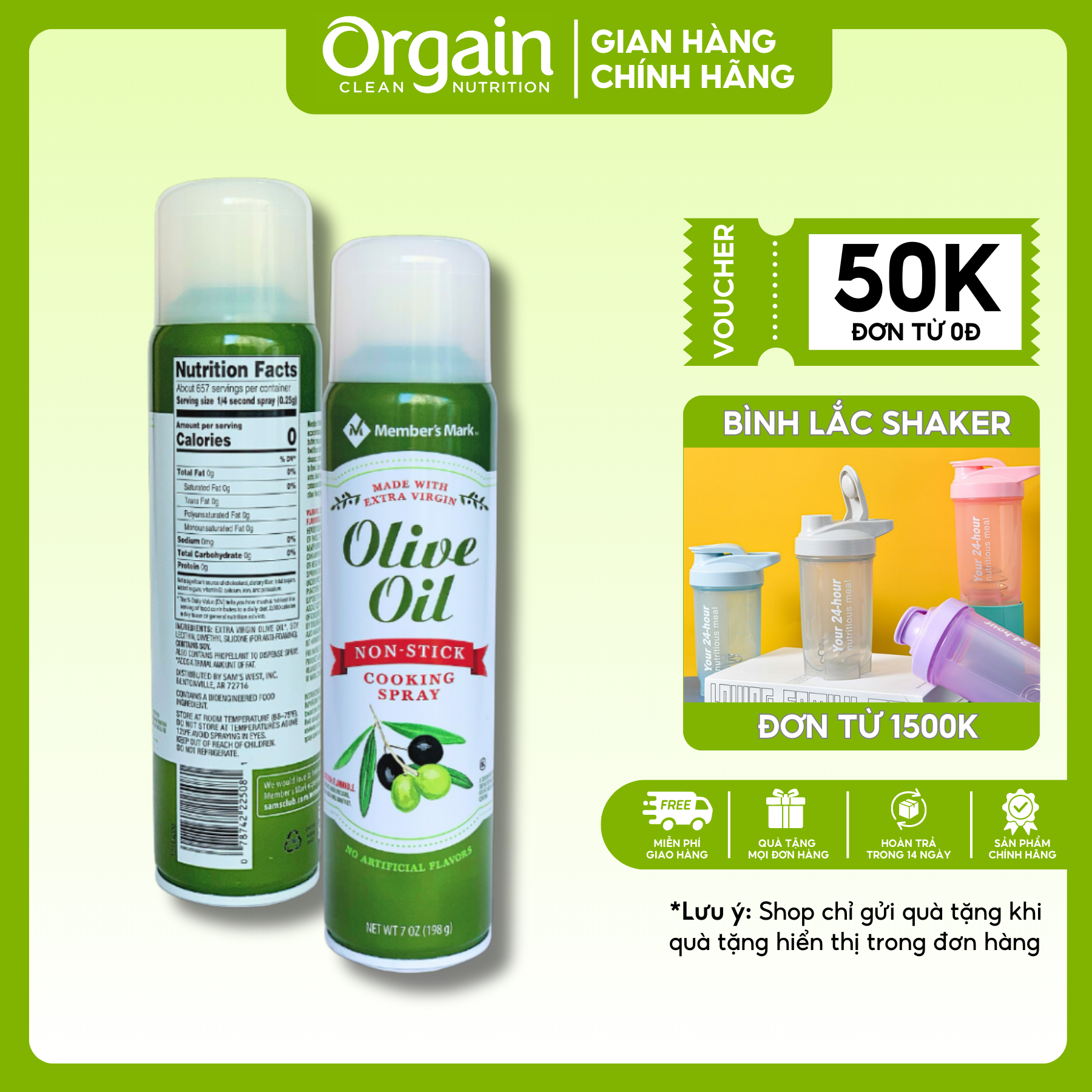Dầu ăn kiêng Olive Oil Member's Mark 198g 0 calo hỗ trợ kiểm soát cân nặng, thanh lọc cơ thể