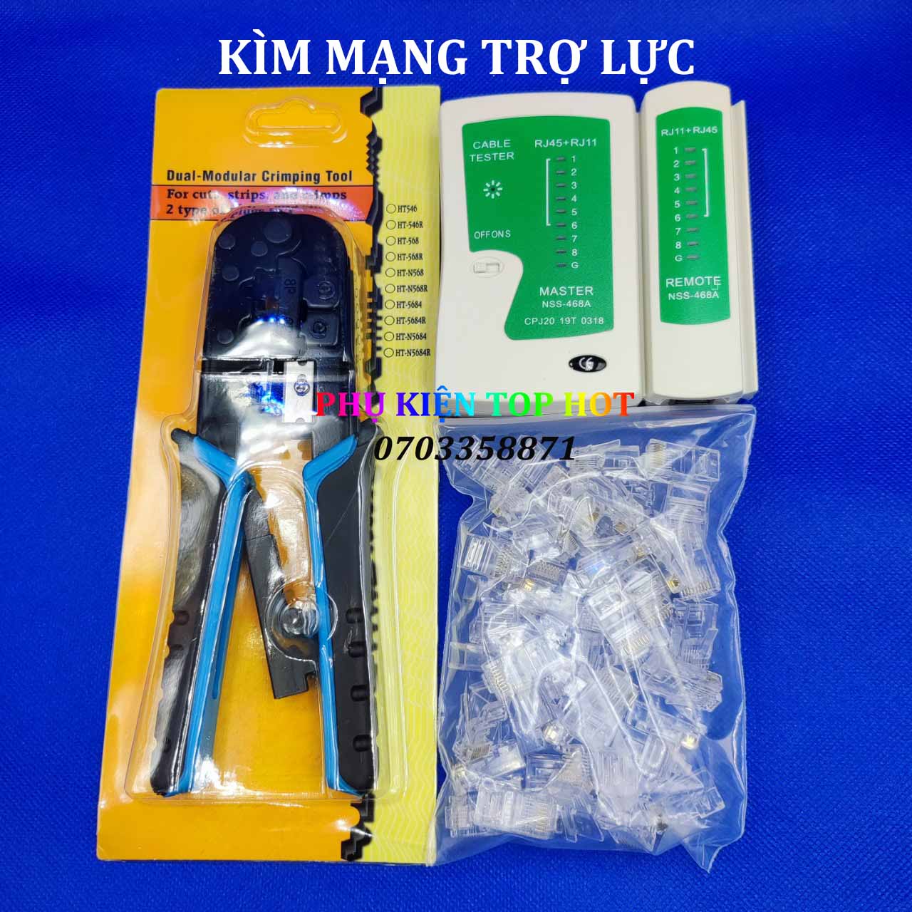 Combo kìm bấm mạng ht-568r có trợ lực + hộp test + 50 hạt cob xịn