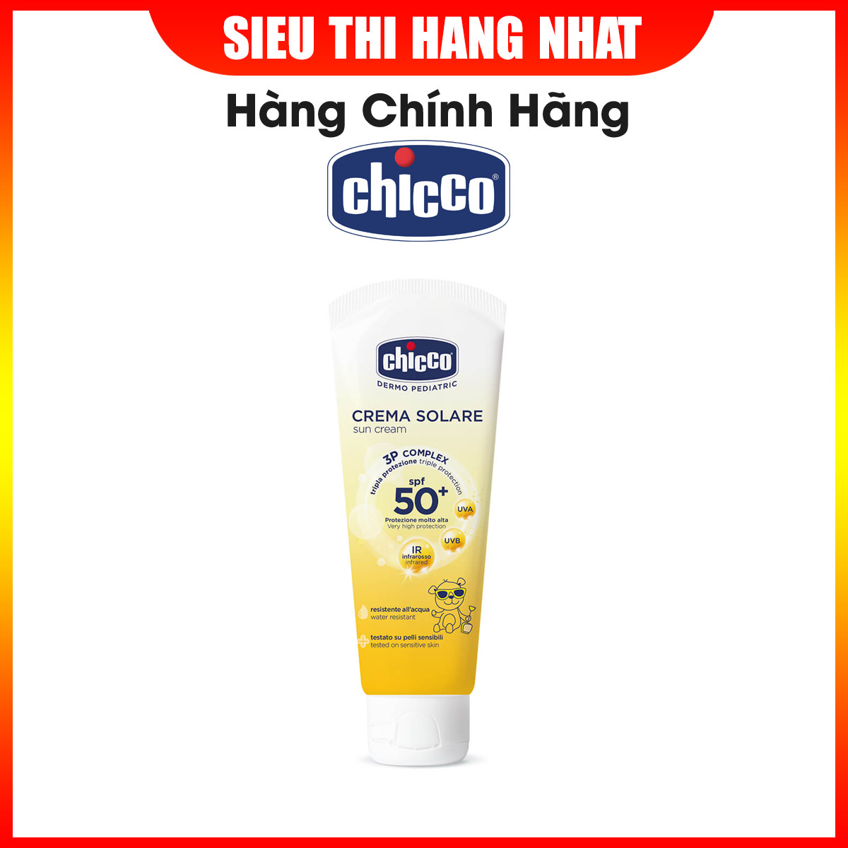 Kem chống nắng 3 tác động SPF 50+ Chicco 0M+ giúp bảo vệ da toàn diện, giữ ẩm và dưỡng da, có khả năng chịu nước tốt