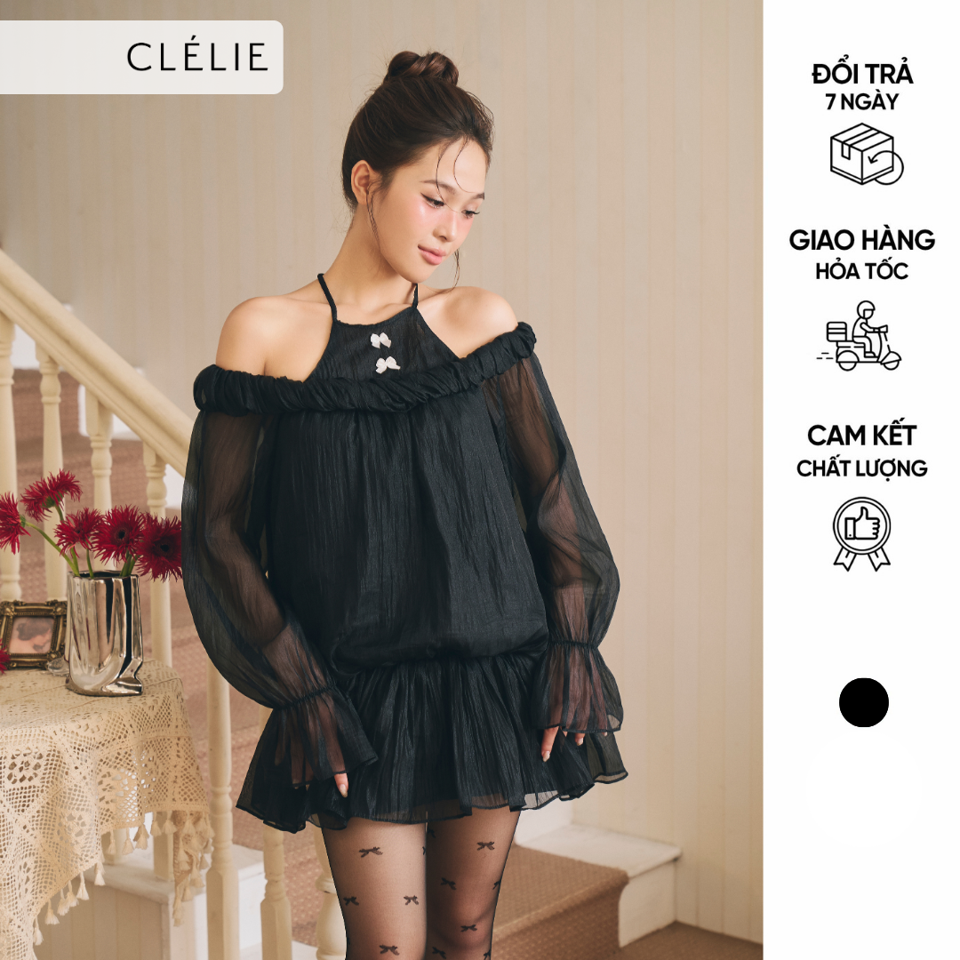 Đầm đi tiệc tay dài chất voan tơ trễ vai viền bèo dáng bí | WENDY DRESS - CLÉLIE