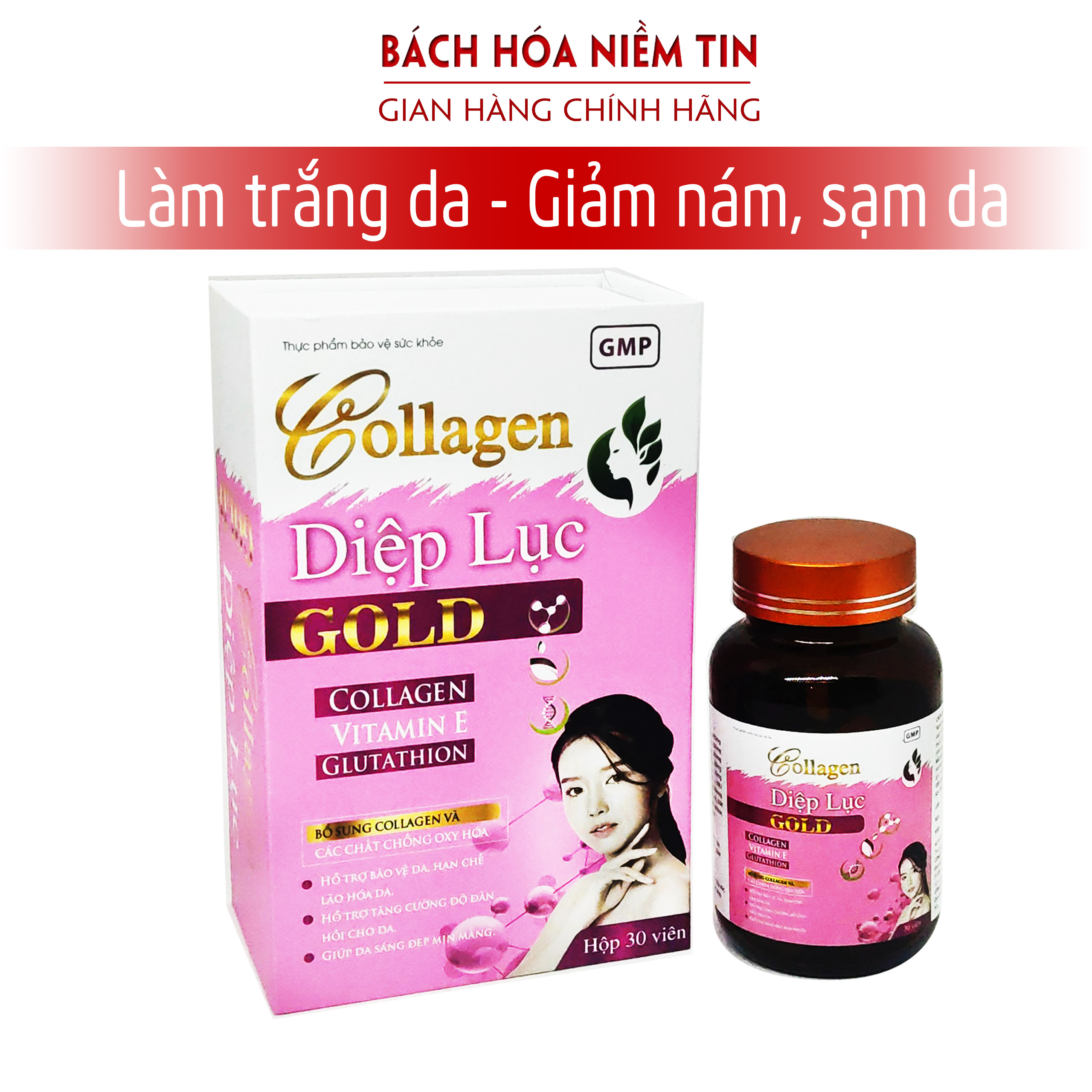 Viên uống làm đẹp da Collagen Diệp Lục Gold (Green) - Bổ sung collagen, vitamin E, diệp lục giúp giảm nám da, sạm da, nhăn da, làm đẹp da hiệu quả - Hộp 30 viên chuẩn GMP