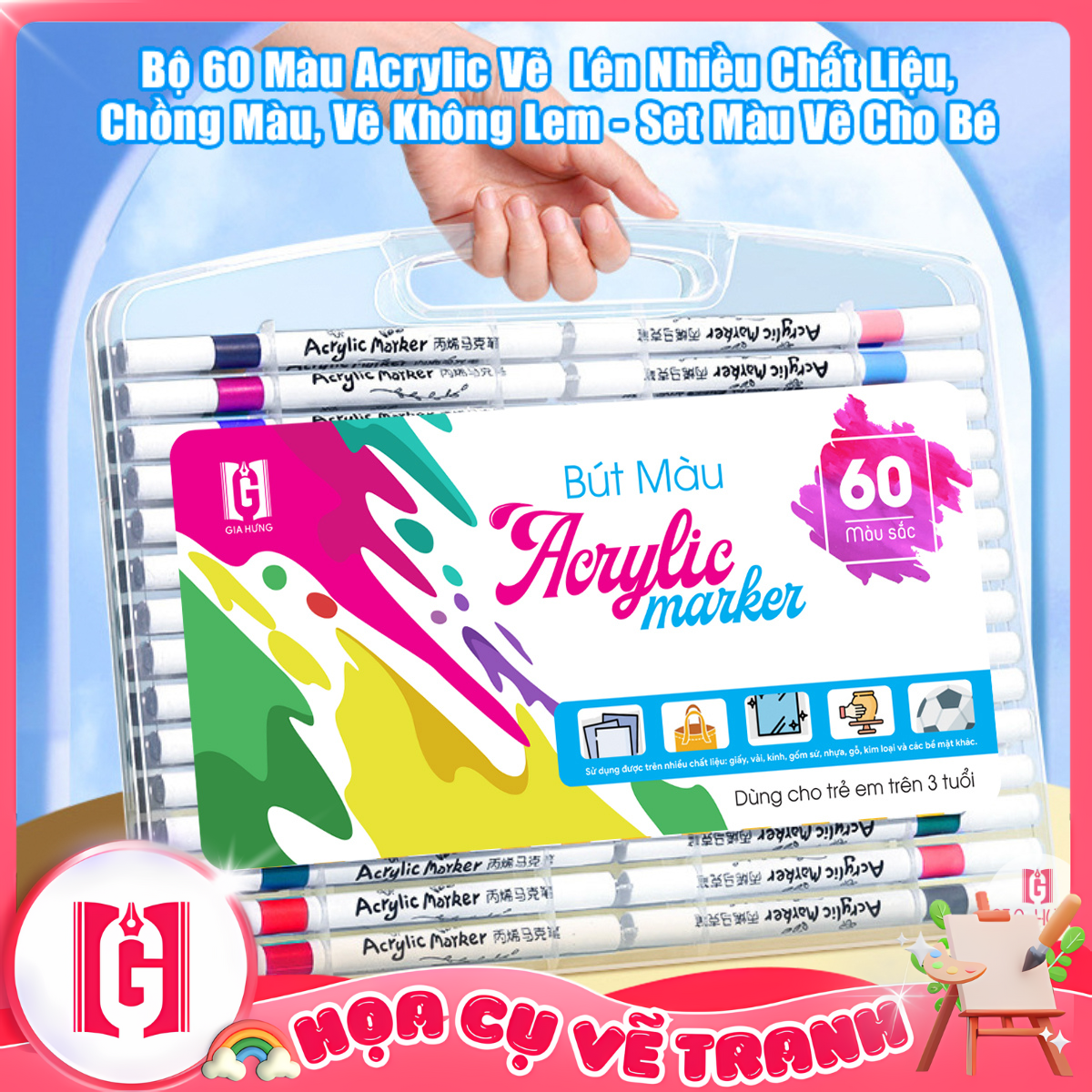 Bộ 60 Bút Màu Acrylic Vẽ Lên Nhiều Chất Liệu Chồng Màu Vẽ Không Lem - Set Bút Màu Vẽ Cho Bé