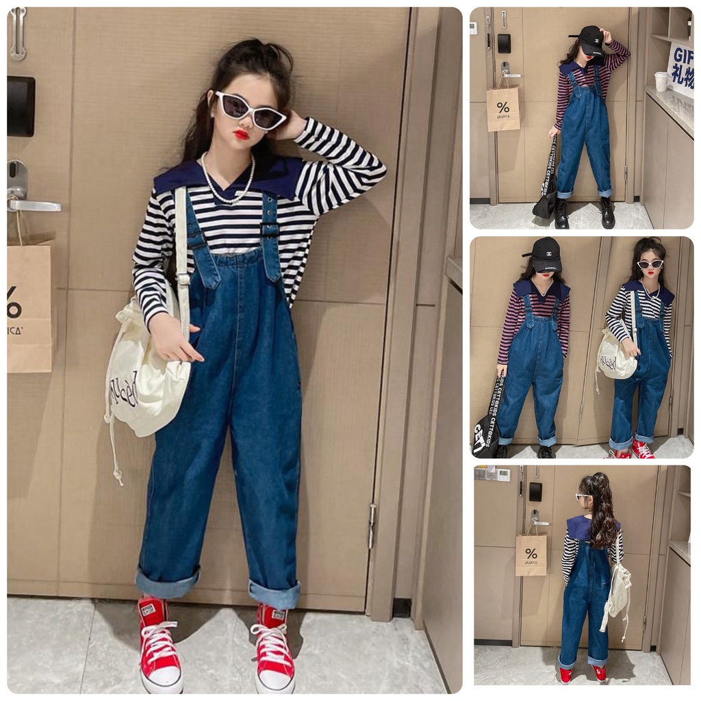 BY13 Size130-170 Sét yếm bé gái quần bò yếm jean áo thun tay dài Quần áo trẻ em hàng quảng châu