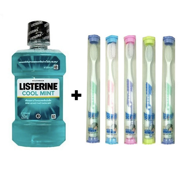 nước súc miệng Listerine 250ml + 5 bàn chải lông mềm cao cấp RUNREE Thái Lan