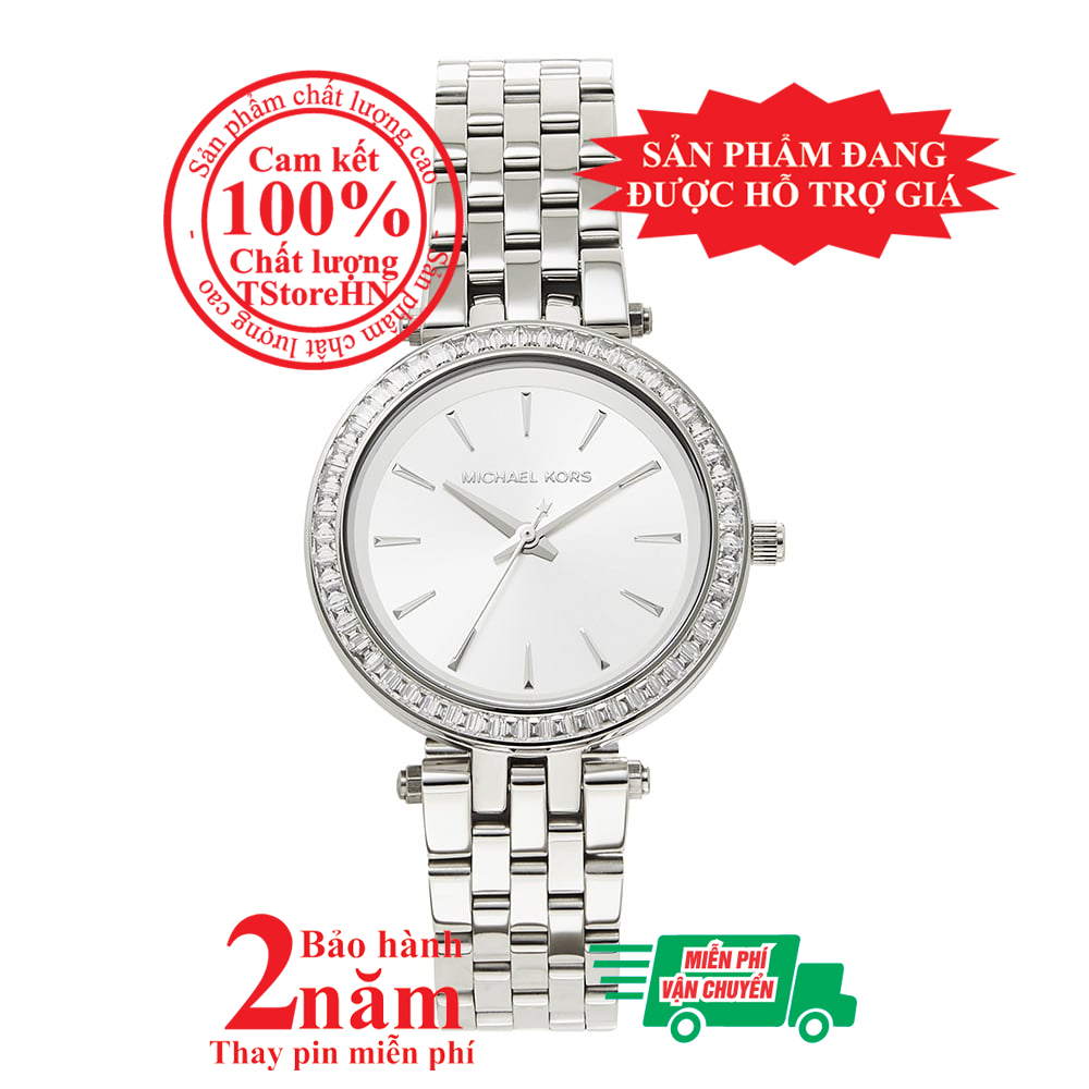 Đồng hồ nữ MK MK3364, Vỏ, mặt và dây màu Bạc (Silver), viền đá pha lê Swarovski, size 33mm