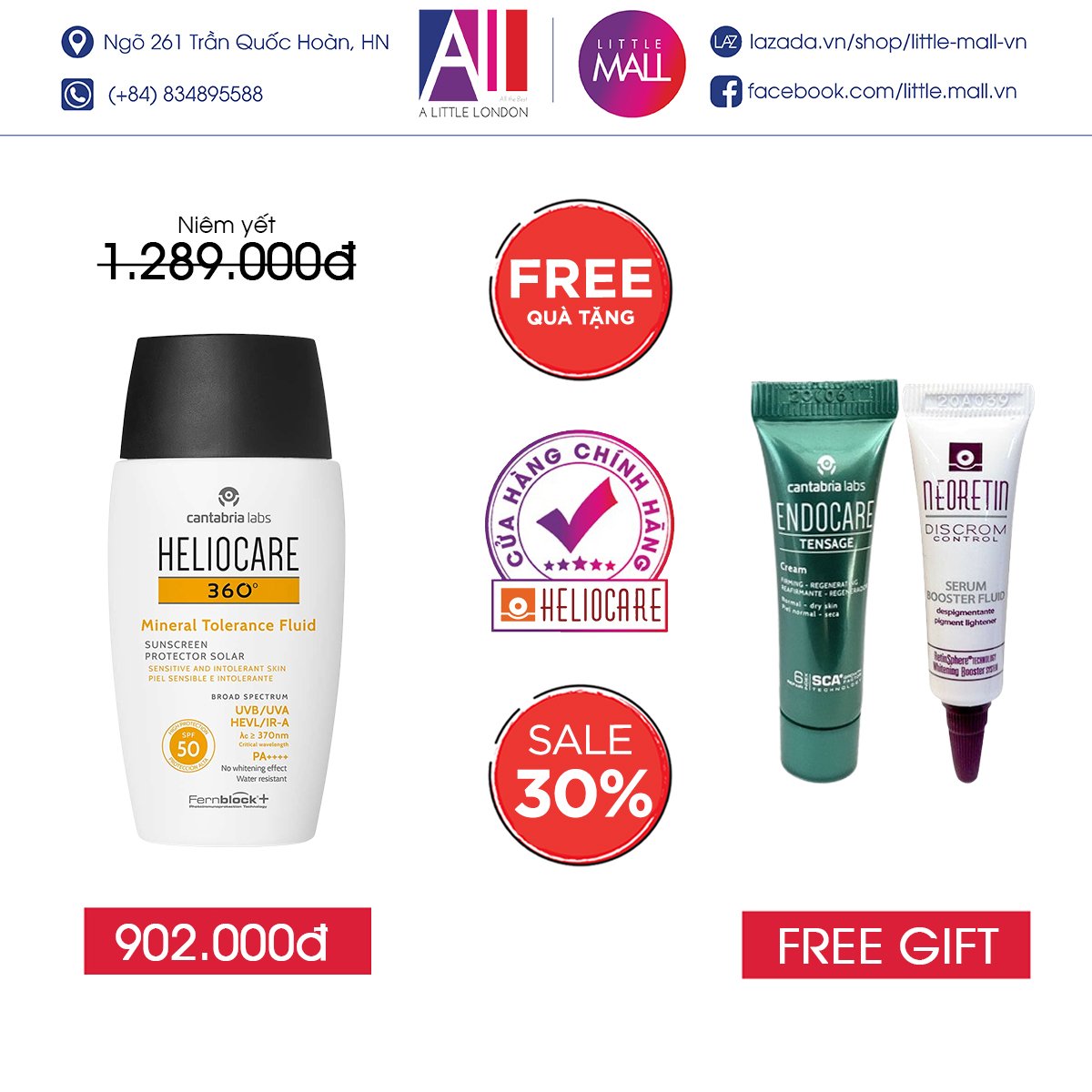 Kem chống nắng phổ rộng chống nước Heliocare 360 Water gel / Mineral Tolerance Fluid 50ml TẶNG sample Cantabria (Nhập khẩu)