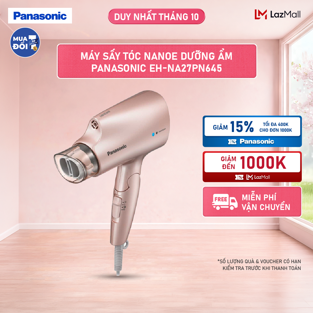 Máy sấy tóc Nanoe dưỡng ẩm, chăm sóc tóc và da đầu Panasonic EH-NA27PN645 – Thiết kế thời trang - Tay cầm gập gọn, dễ dàng mang theo - Công Suất 1200W - Hàng Chính Hãng - Bảo hành 1