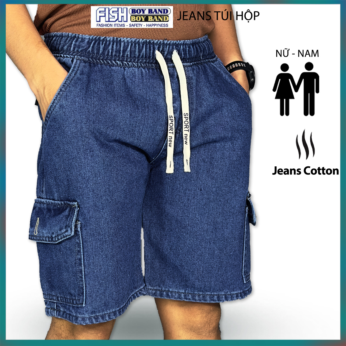 Quần short jean nam Lưng Thun Túi Hộp chất bò denim UNISEX