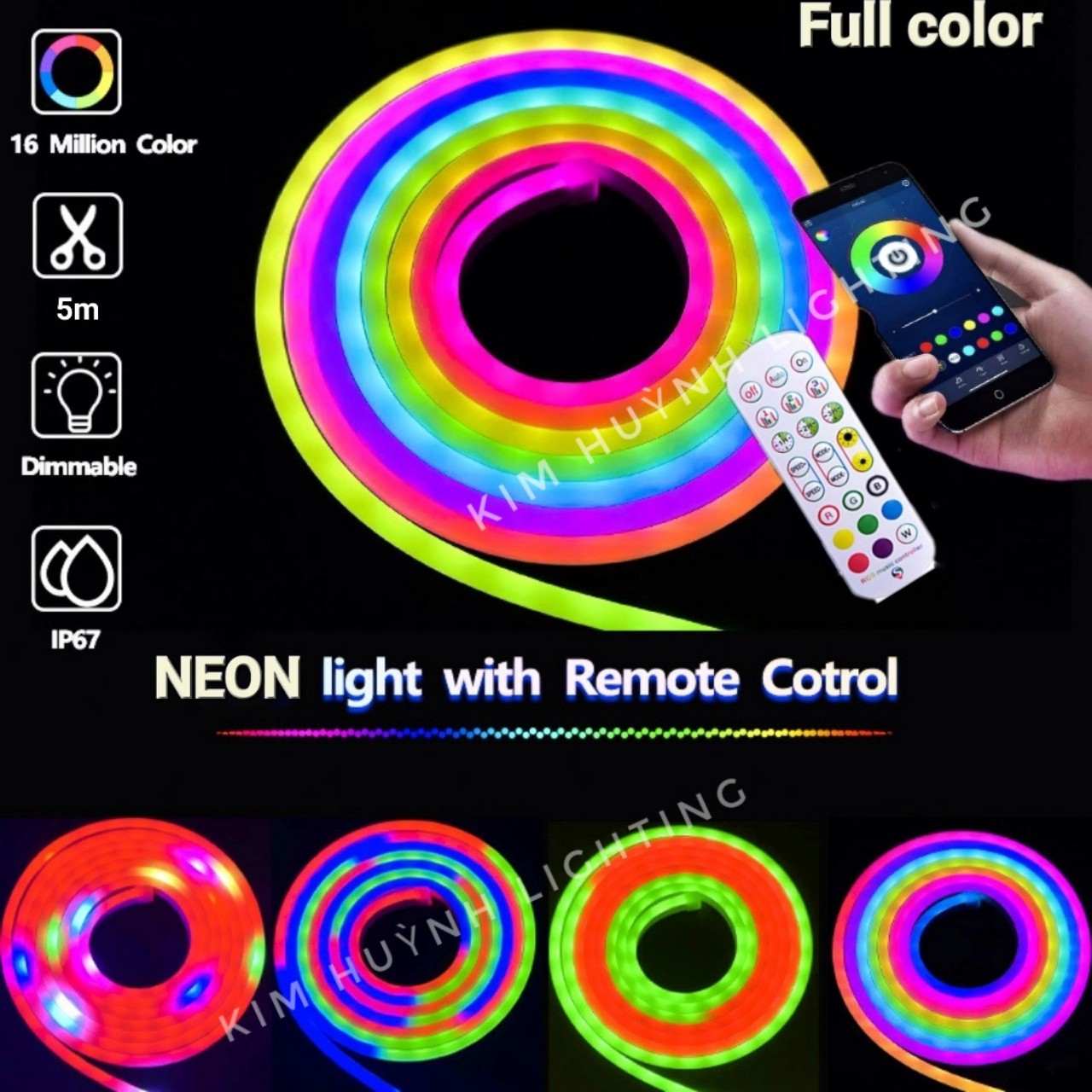 Bộ 5m dây led Neon full màu RGBIC kết nối APP+remote nháy đuổi nháy theo nhạc 6x12mm
