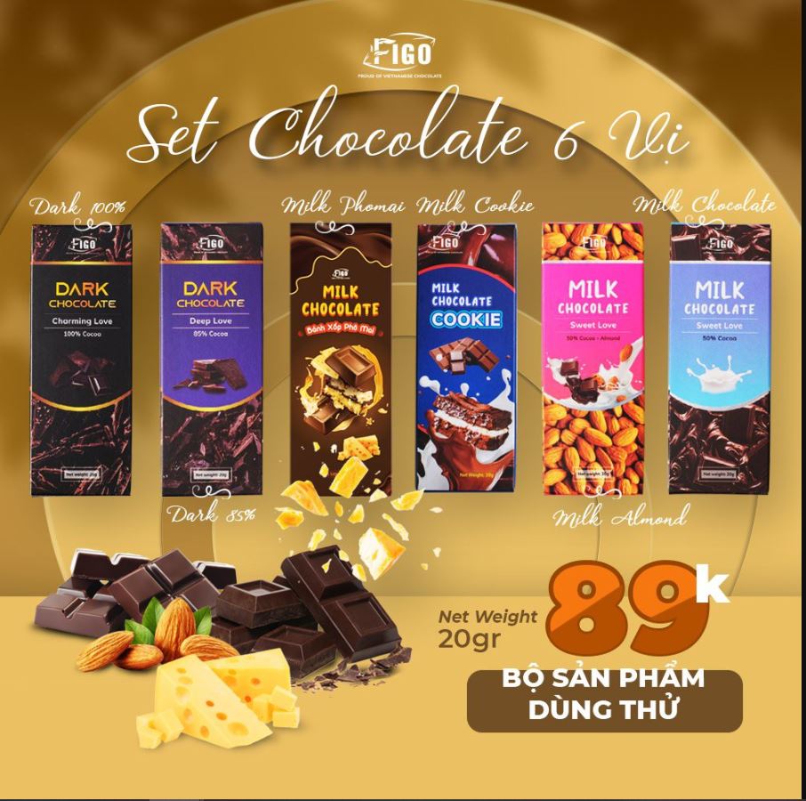 Combo milk chocolate dark chocolate đủ vị hộp 20g figo - set socola ăn thử 6 vị hộp 20g figo