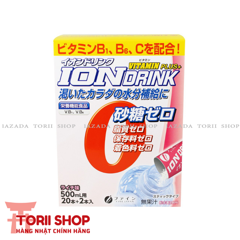 Bột điện giải IONDRINK Fine Japan 22 gói vị vải hàng Nhật chính hãng | Bột pha bù nước, bù khoáng màu hồng vị vải 70.4g (3.2gx22 gói) dễ uống, giảm mệt mỏi, tăng cường thể lực