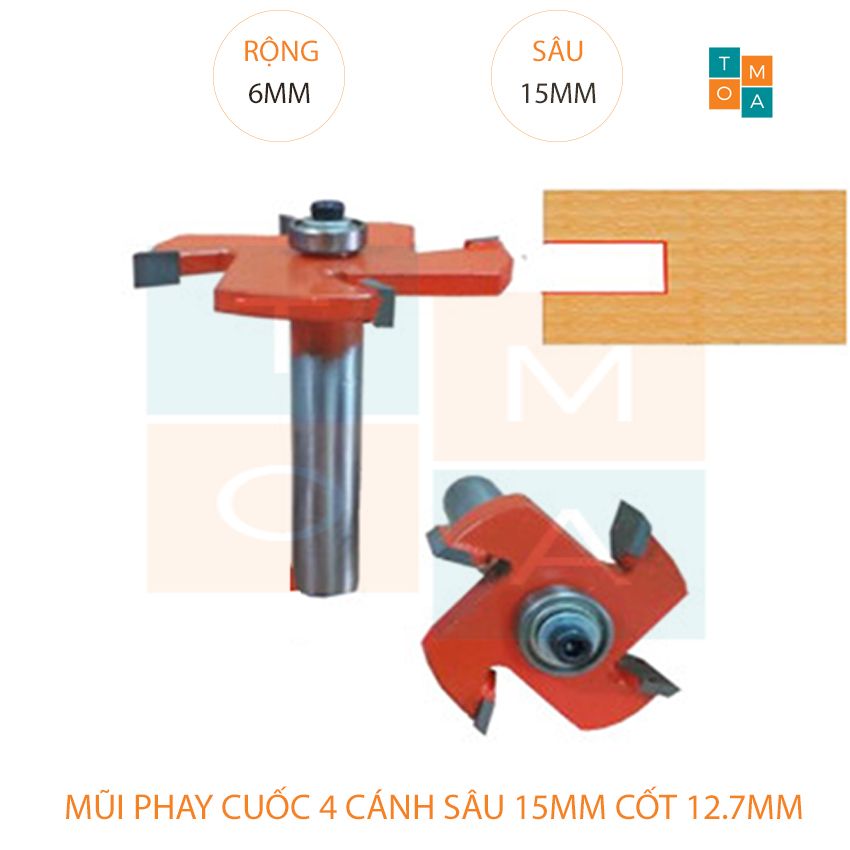 Mũi soi gỗ - mũi cuốc gỗ 4 cánh rộng 6mm sâu 15 mm - mũi phay rãnh đầu bi