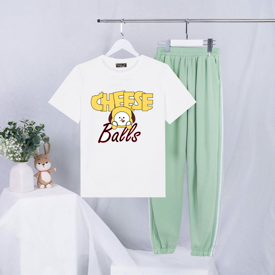 Sét Bộ Đồ Quần Áo Nữ Mùa Hè Mặc Đi Chơi Dạo Phố Cá Tính, Áo Thun Phông Cotton Organic Ngắn Tay Cổ Tròn Mát Mịn In Cún Chess Ball Dễ Thương Mix Quần Thun Bo Gấu