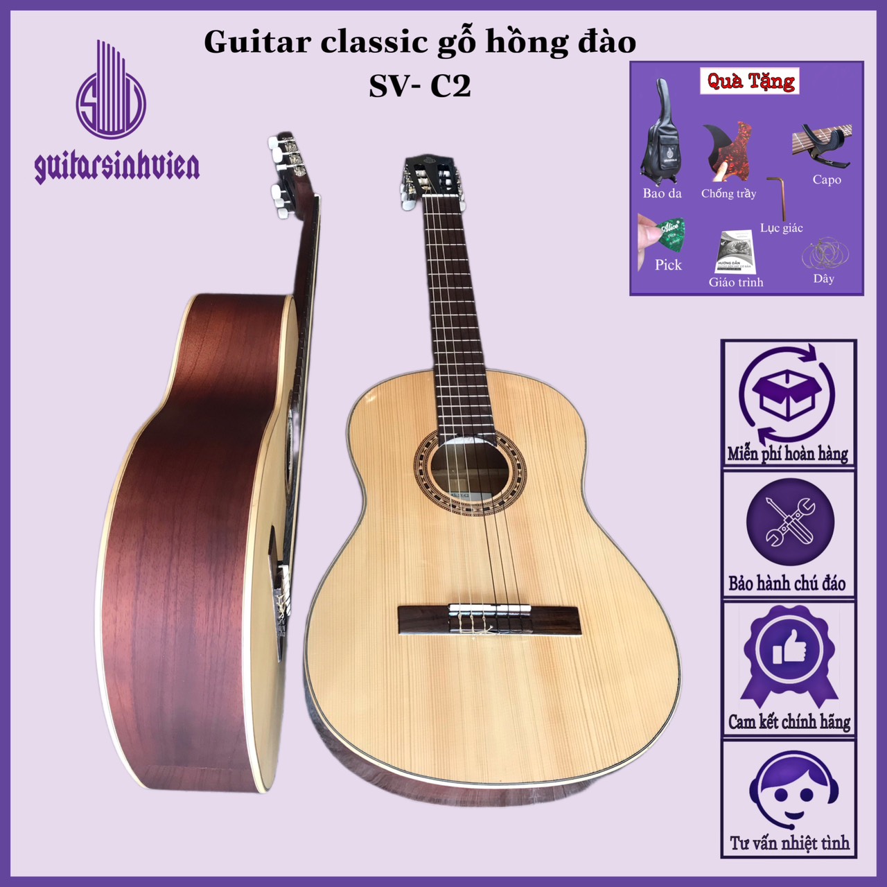 Đàn guitar classic gỗ hồng đào SV-C2 âm ấm - Đàn có ty chống cong cần - Có độ bền cao - Có dáng tròn và khuyết