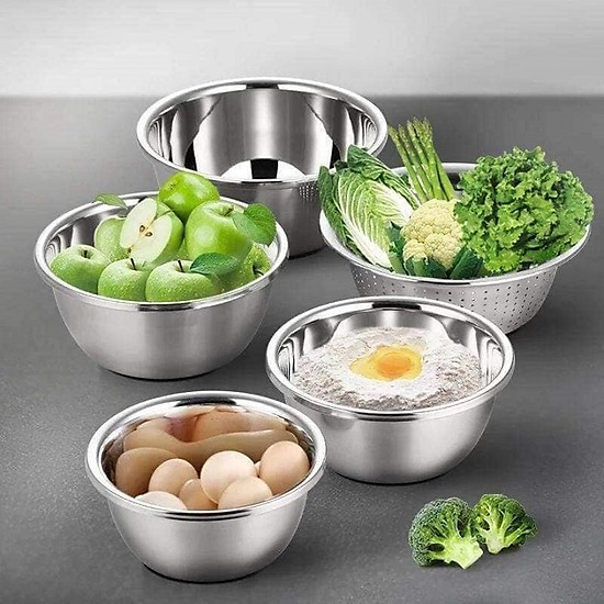 Bộ 5 Chậu Inox Kèm Rổ, Đồ Gia Dụng, Đựng Rau Củ Tiện Dụng, Size 16-26Cm