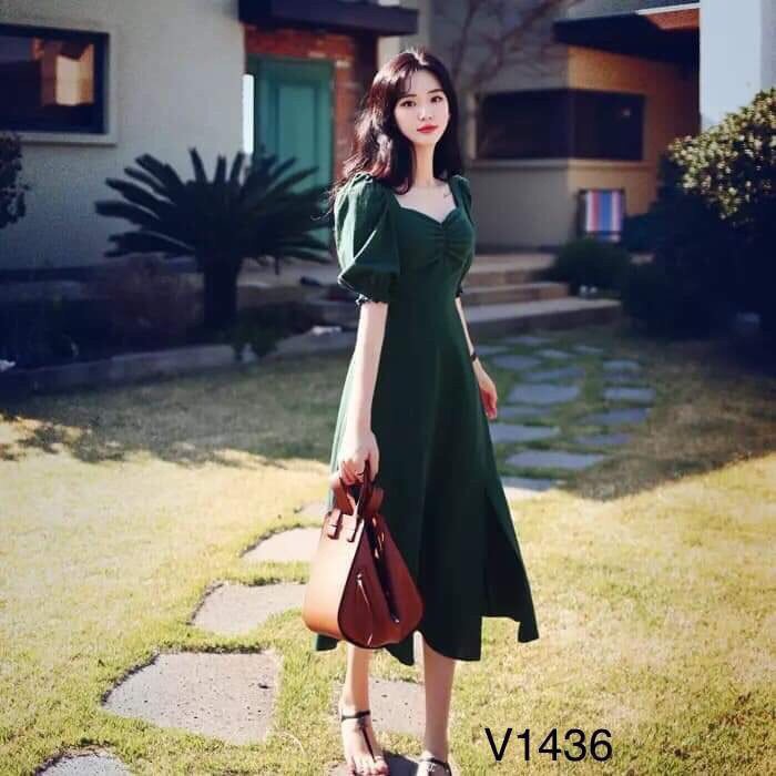 Đầm Xẻ Tà Tay Phồng Nhún Ngực Belle Fashion