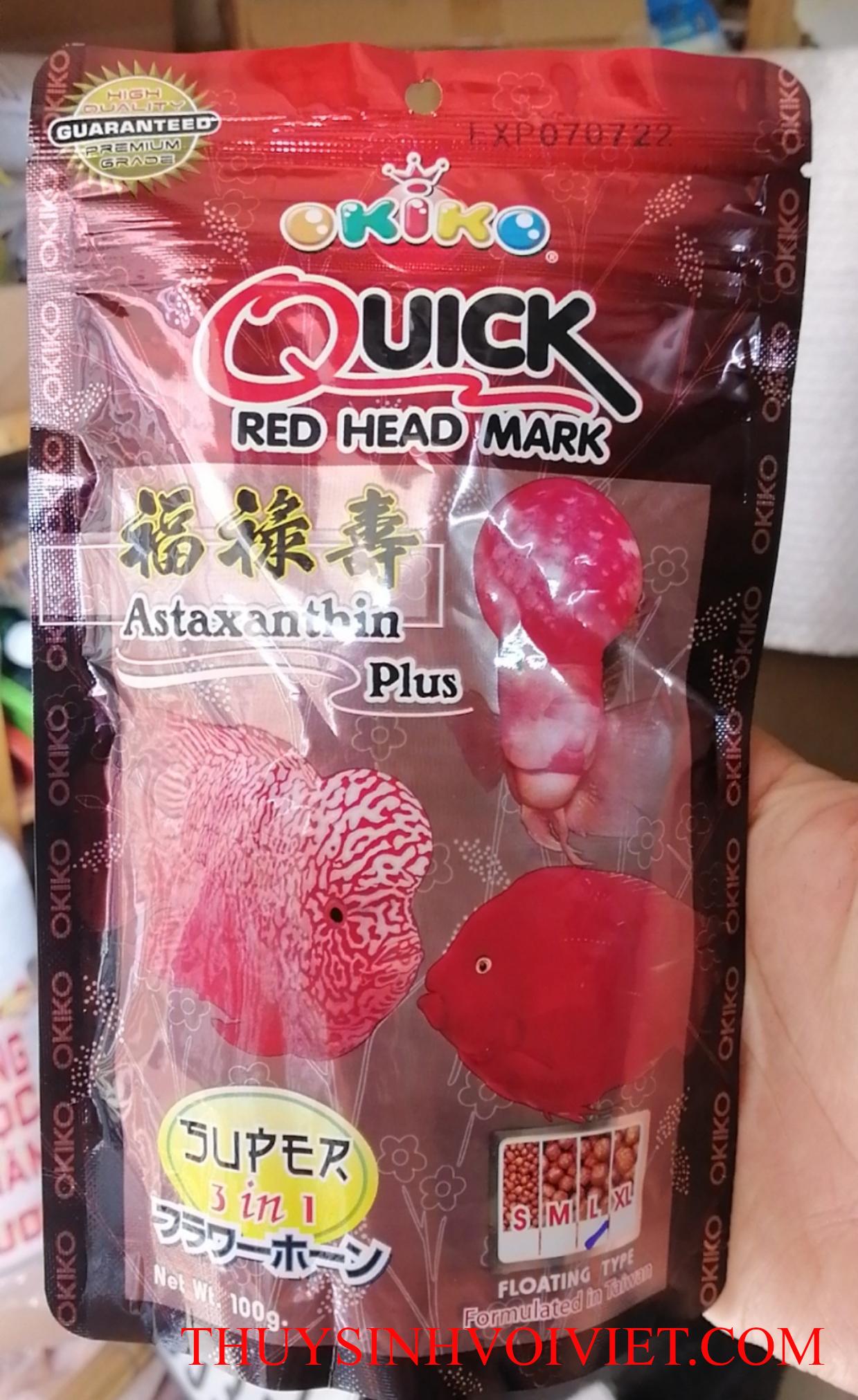 Thức ăn THÁI LAN hiệu OKIKO Quick, Platinum, Headup cho cá la hán giúp hỗ trợ lên CHÂU, lên ĐẦU VÀ tăng sắc tố ĐỎ gói 100g