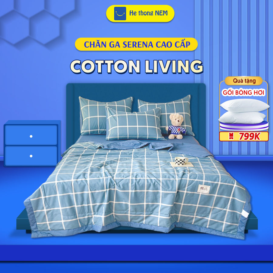 (MUA 1 TẶNG 2) Bộ chăn ga gối đệm 5 món chăn trần bông cao cấp Cotton Living thoáng mát, mềm mại, sọc Caro xanh Pastel SERENA cao cấp - Hệ thống nệm - Miễn phí vận chuyển
