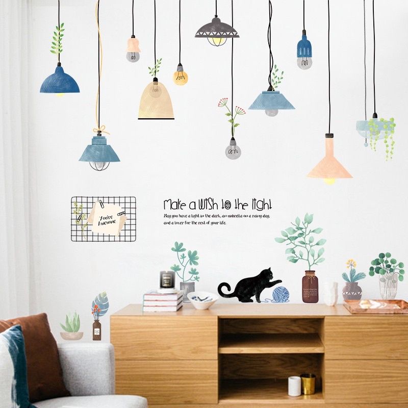 Decal dán tường đèn thả và chú mèo