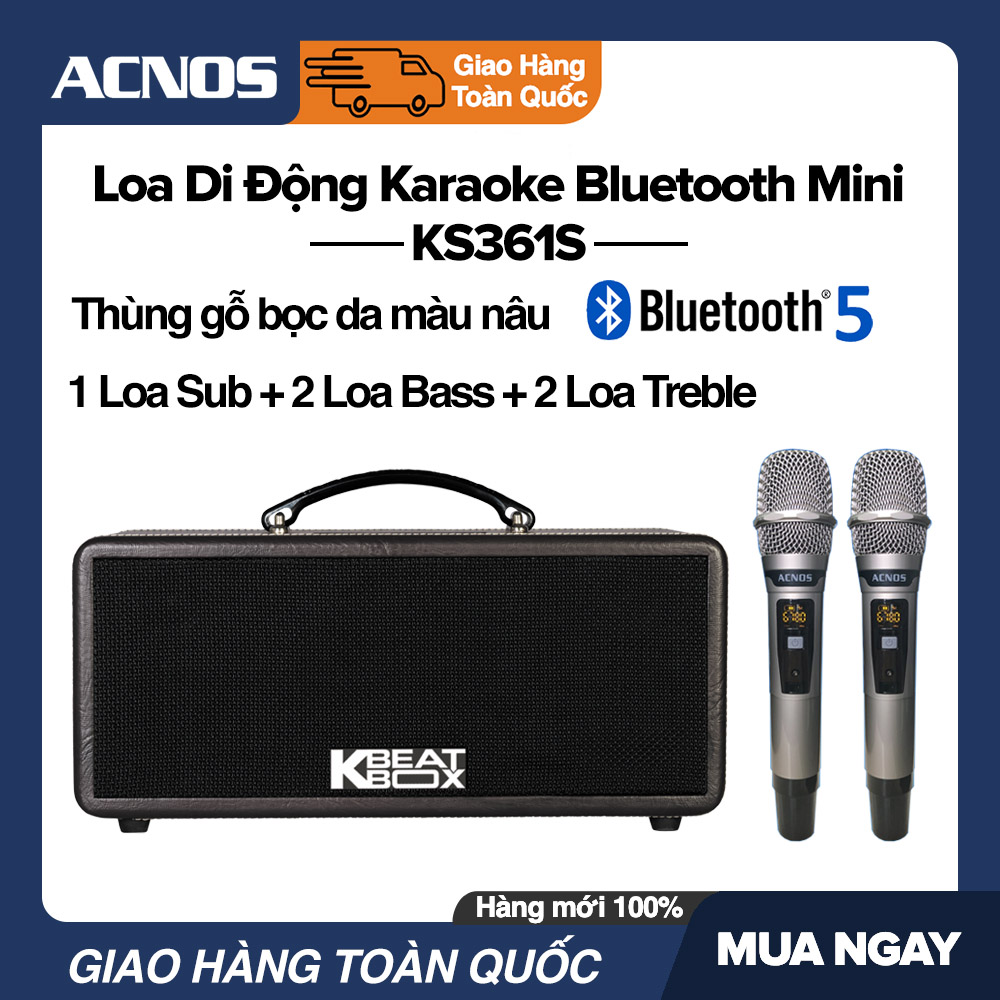 [Trả góp 0%][Voucher 100K] Dàn Karaoke Loa Di Động Bluetooth Mini Acnos KBeatbox KS361S (90W) - 2 Mic Đi Kèm Bluetooth 5.0 Vỏ Gỗ Bọc Da Nâu (1 Loa Sub + 2 Loa Bass + 2 Loa Treble) - Bảo Hành 12 Tháng