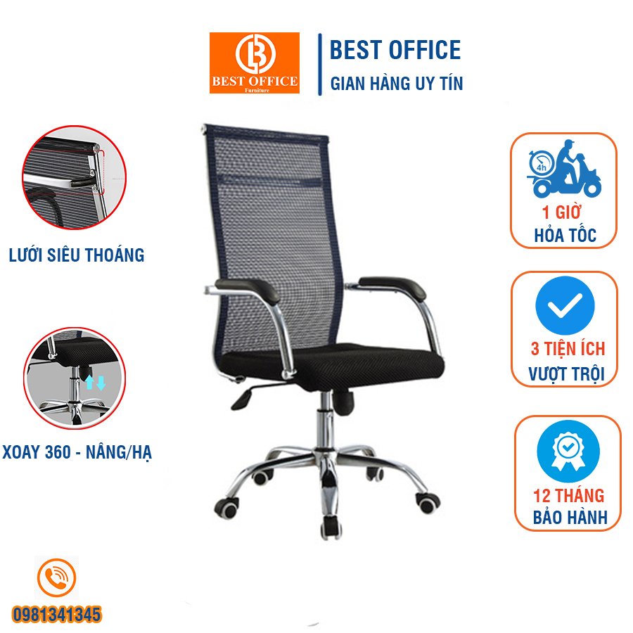 Ghế xoay lưới lưng cao BOX204 - Ghế xoay văn phòng khung thép siêu bền, Office chair- lưng lưới thoáng mát - Dòng ghế văn phòng được ưa chuộng
