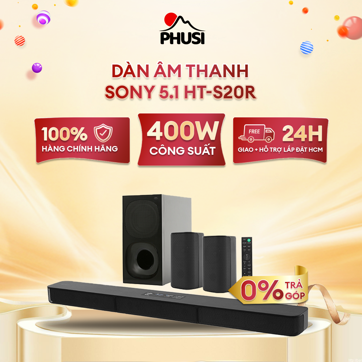 [Trả góp 0% - Giao nhanh HCM] Dàn âm thanh Sony 5.1 HT-S20R 400W - Hàng chính hãng - Âm thanh vòm, công nghệ Dolby Digital, hệ thống loa 5.1 kênh