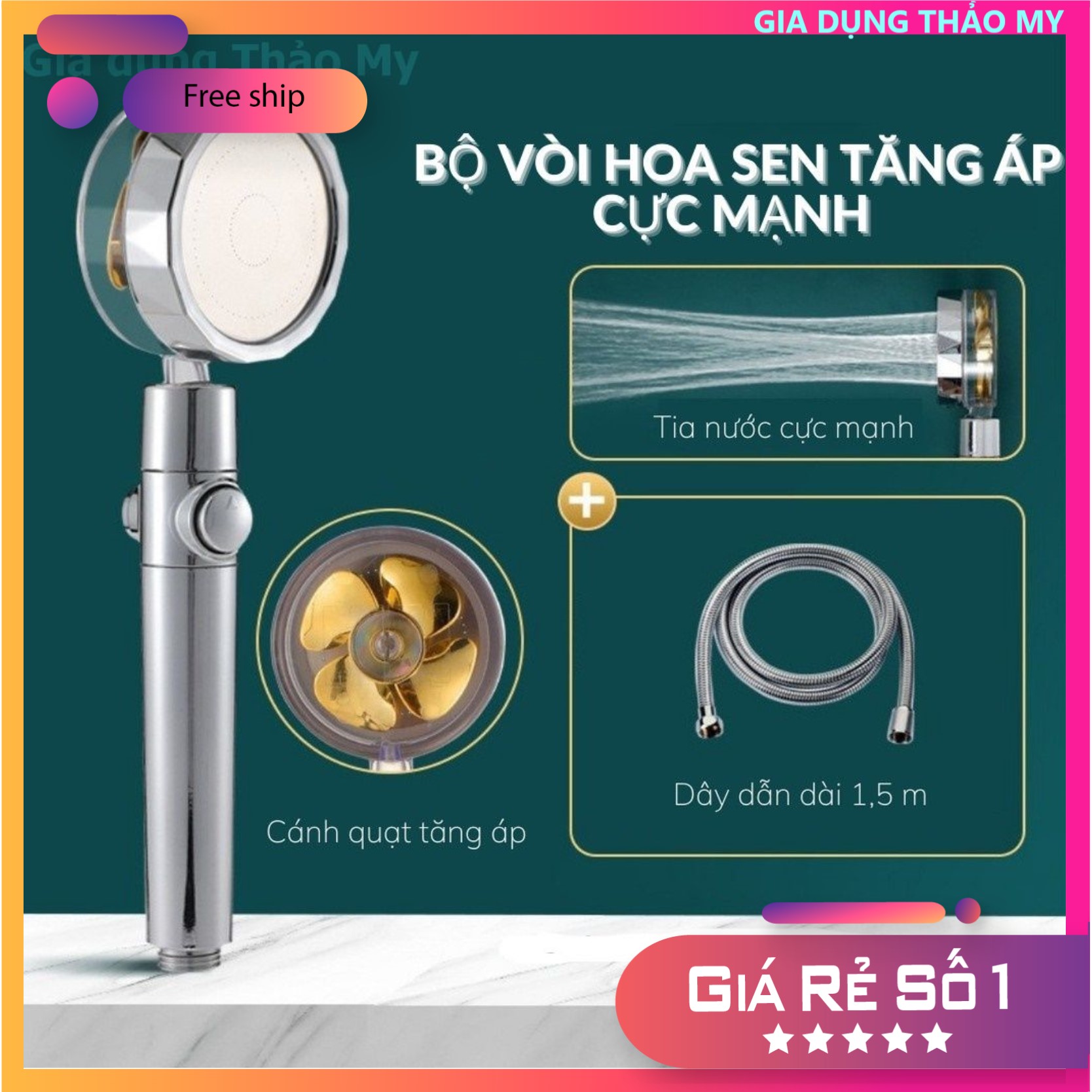 Bộ Vòi Hoa Sen, Vòi Sen Tăng Áp Cao Cấp, Có Cánh Quạt, Có Lõi Lọc, Kèm Dây 1,5 Mét