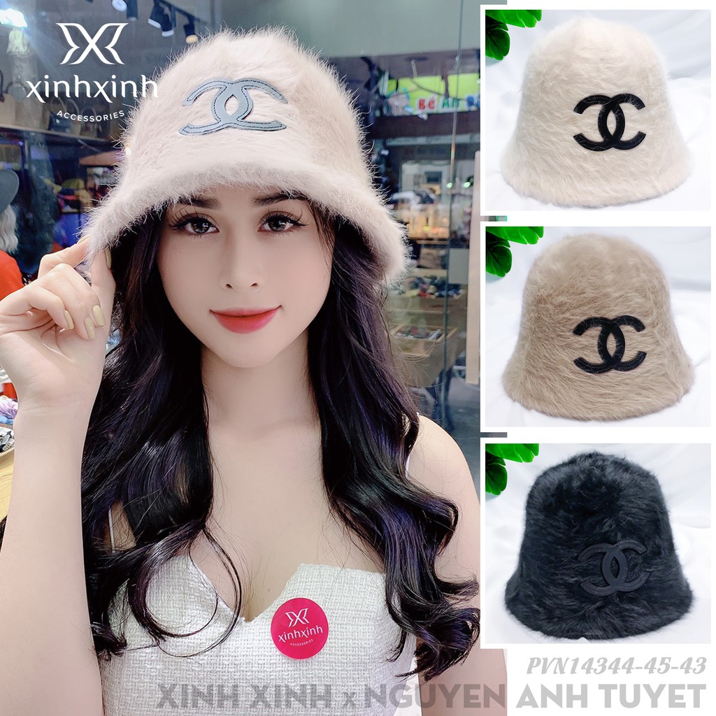 Mũ lông, nón nữ vành tròn đính chữ C lồng bằng da cao cấp