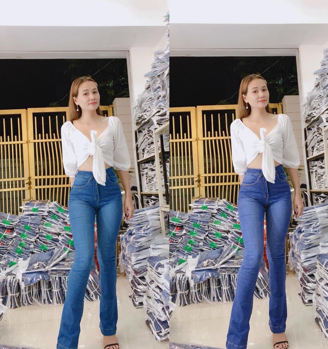 Quần jean nữ ống loe xanh nước biển cao cấp