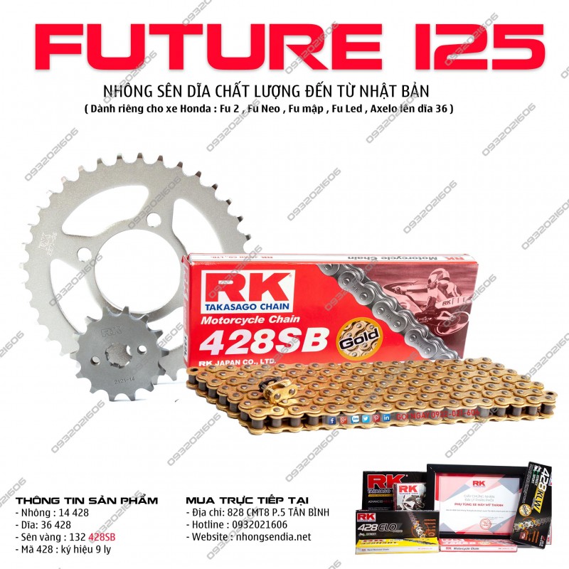 Nhông sên dĩa RK vàng xe Honda Future 125 9 ly nhập khẩu Malaysia