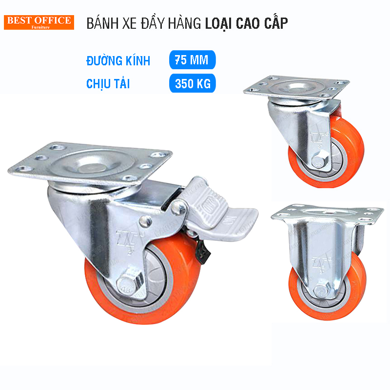 [Loại tốt] Bánh xe đẩy hàng có hãm 75mm, chịu tải 350kg lắp cho xe kéo, xe đẩy hàng nặng